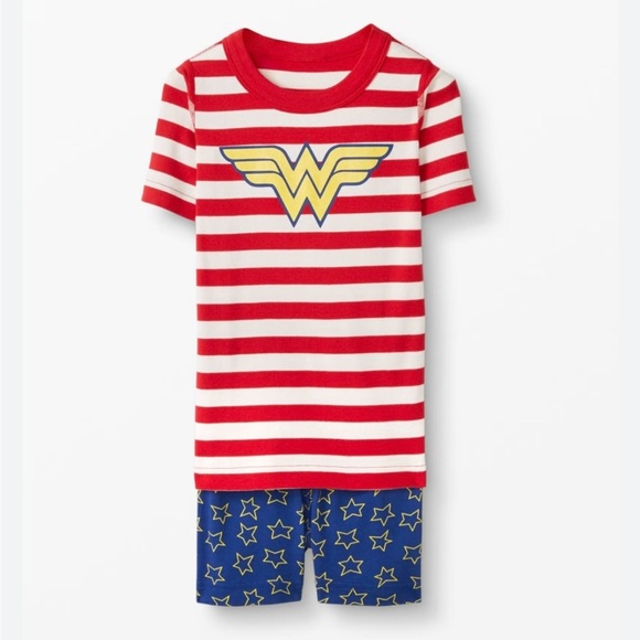 Hanna Andersson Sz 4 Red and Blue Striped Wonder Woman Short Pajama Set - Picture 1 of 6